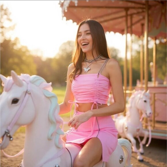 Girl on IG Ruched Skirt Set – ZEMETA Pink Double Chain Straps Front Zipper Slits - Picture 4 of 5